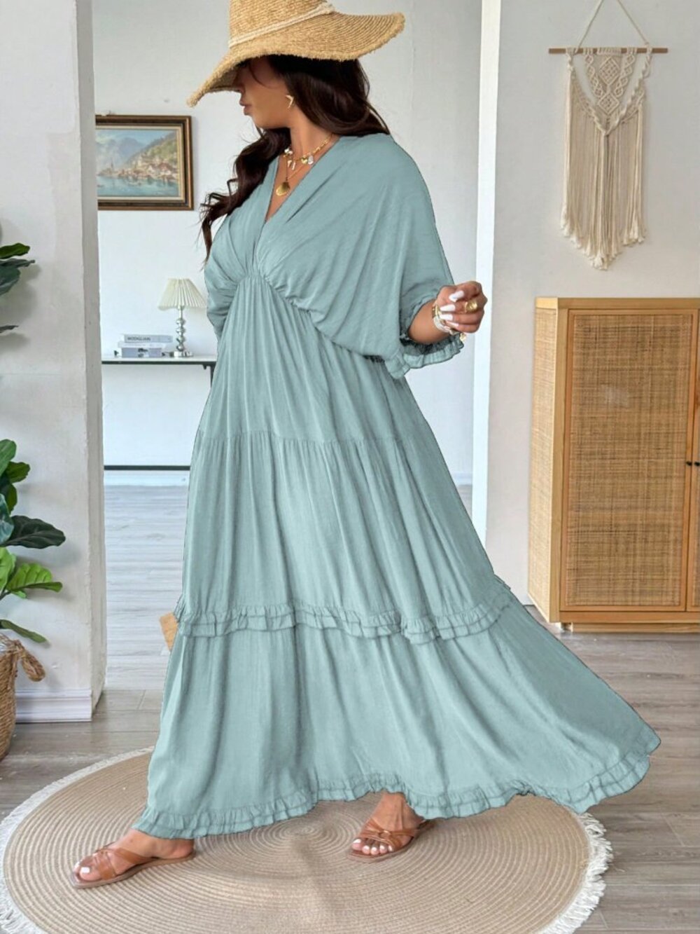 Blue Casual Women's Plus Size French Style Romantic Ruffle Trim Dress - Picture 3 of 7
